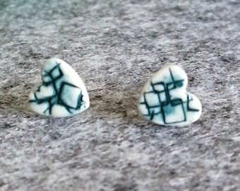 Geometric textured ceramic stud earrings uk , handmade blue porcelain, love valentine gift, sterling silver posts & scrolls.