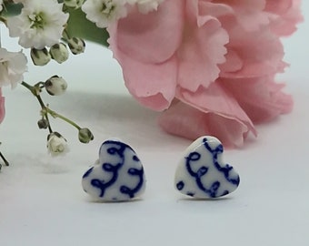 Heart stud earrings uk , scribble blue ceramic glazed earrings, birthday present, sterling silver posts & scrolls.