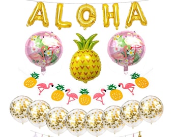 Tropikalny baner wiszący Aloha z ananasem i flamingiem, balony wypełnione konfetti, zestaw dekoracji na imprezę Luau