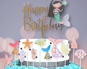 Pack of 12pcs Mermaid Cake Toppers Happy Birthday Set
