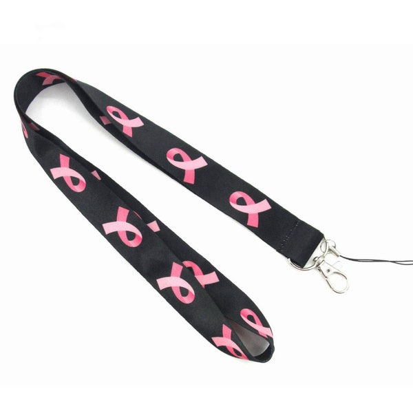 Pink Ribbon Lanyard Nylon Black Neck ID Badge Holder Keychain with Swivel Hook Metal Clasp Key Ring