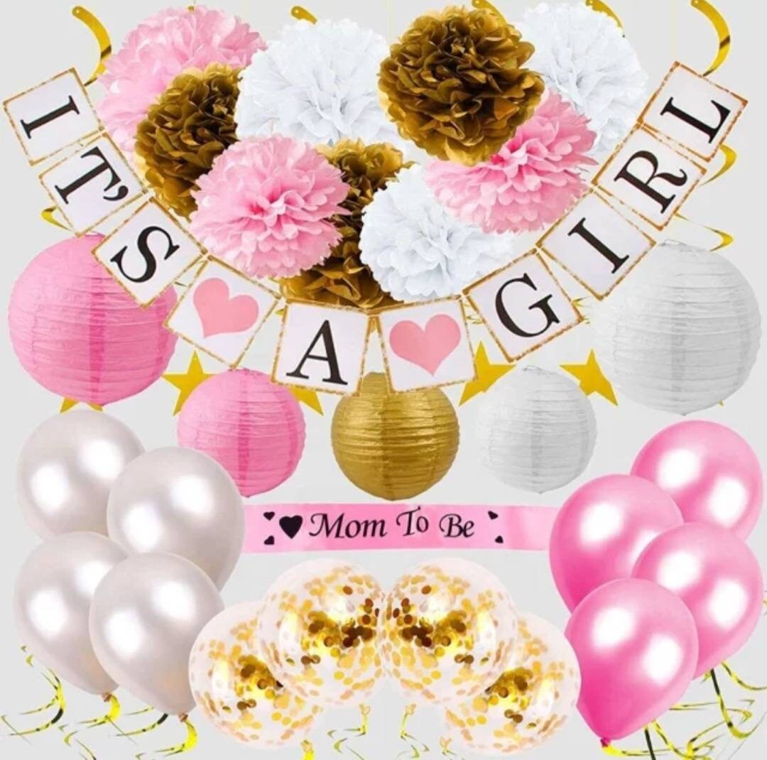 Baby Shower Party Pack Bundle Mom To Be Sash Hanging Tissue Pom Poms Pink Blue Balloons Its a Girl Its a Boy Party Decorations