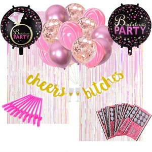 Bachelorette Bridal Shower Decorations Props Iridescent Fringe Curtains Dicky Straws Cheers Banner Game Cards Mylar Balloons Party Bundle