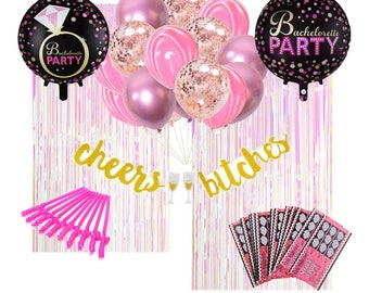 Bachelorette Bridal Shower Decorations Props Iridescent Fringe Curtains Dicky Straws Cheers Banner Game Cards Mylar Balloons Party Bundle