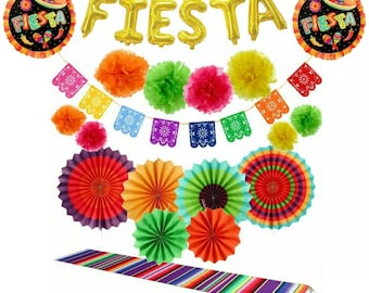 Zestaw dekoracji na imprezę Fiesta – balony FIESTA, pompony, baner Papel Picado, wachlarze papierowe i bieżnik na stół Mexican Serape