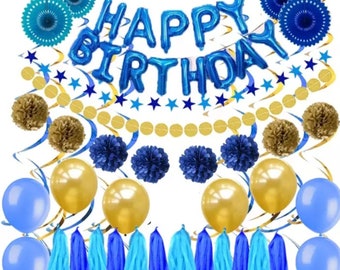 Niebieskie złote dekoracje na przyjęcie urodzinowe – baner z balonów „Wszystkiego najlepszego z okazji urodzin” z papierowymi wachlarzami, pomponami i wiszącymi spiralami, zestaw akcesoriów na imprezę