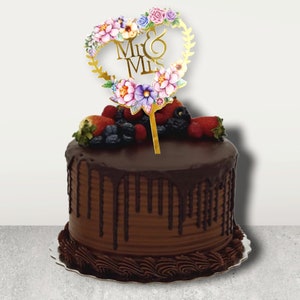 Mr and Mrs Cake Topper - Newlywed Bridal Shower Wedding Honeymoon Baking Craft Gift Decoration - Gold Heart Floral Design