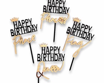 Happy Birthday Cupcake or Cake Topper - 4 styles to choose from: Queen King Prince or Princess - Gold And Black Plastic Pick for Birthday
