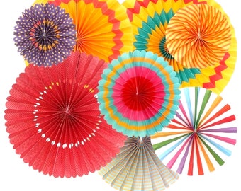 8pcs Fiesta Circus Taco Bout It Multi Color Theme Colorful Round Hanging Rosette Paper Fans