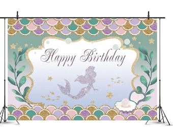 Syrenka Happy Birthday Vinyl Tło Photo Booth 5 stóp x 7 stóp Tło wiszące