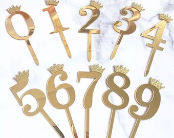 Gold Number Acrylic Toppers / 7 inches Tall Cake Decoration / Gold Crown Number