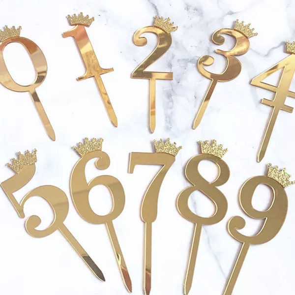 Gold Number Acrylic Toppers / 7 inches Tall Cake Decoration / Gold Crown Number