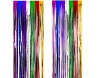 3,5 stopy x 6,5 stopy Opakowanie 2 tęczowych metalicznych foliowych wiszących zasłon z frędzlami do dekoracji imprezowych, tła na ścianę, drzwi i okna