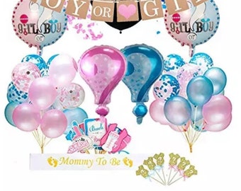Gender Reveal Party Kit – Babyshowerversieringen jongen of meisje, roze en blauwe ballonnen, hangende achtergrond, feestbundel