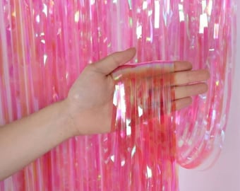 Opakowanie 2 opalizujących holograficznych, mieniących się, wiszących zasłon z frędzlami, o wymiarach 3,5 na 6,5 stopy, jako dekoracja imprezowa, tło do zdjęć na ścianę