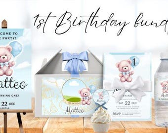 Editable 1st Birthday Boy Bundle Canva Templates Invite water label Welcome sign cake toper Gable box label 5 in 1 All-in-One