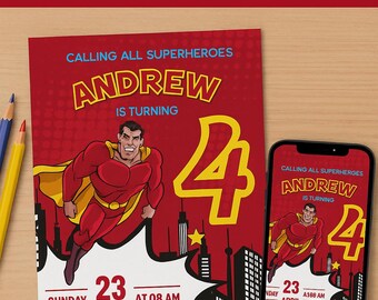Customizable Superhero Birthday Invitation – Canva Template Printable PDF – Digital Download