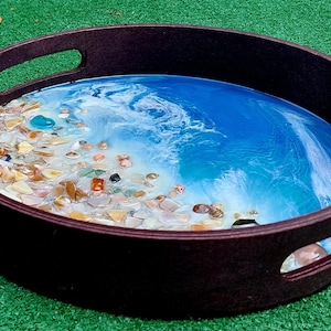 Handmade Ocean Resin Tray: Beach Decor Wall Art, Seashells (12&quot; Diameter)