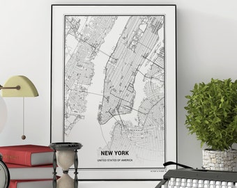 New York Map Print, Printable Wall Art, NYC Map, Manhattan Map Poster, NYC, United States Map Print, New York City, Black and White Map