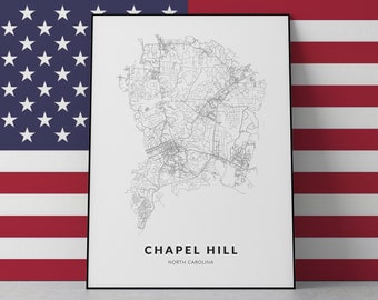 Impression d'art de carte de Chapel Hill : décoration de la ville de Caroline du Nord (téléchargement numérique)