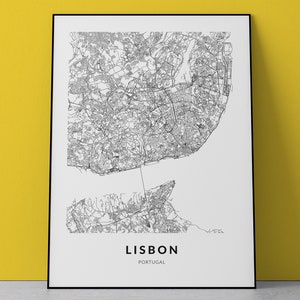 Kaart van Lissabon afdrukken, kaart van Portugal, kaart van Lissabon, poster van de kaart van Lissabon, stadsplattegrond Lissabon, stratenplan van Lissabon, poster van Lissabon, kunst aan de muur Lissabon, decor van het huis