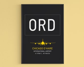 Vector ORD Airport poster, O'Hare, Chicago International Airport, Aviation Poster, Art Print, Pilot Gift, Airport Sign, Travel Wall Art