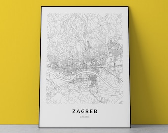 Zagreb Map Art Print: Croatia Cityscape, Travel Poster (Digital Download)