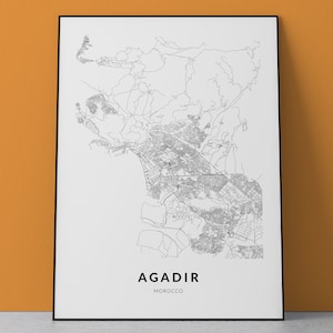 Carte d'Agadir, impression d'Agadir, affiche d'Agadir, Agadir Maroc, Art d'Agadir, cadeau du Maroc, art mural Maroc, impression de carte de la ville