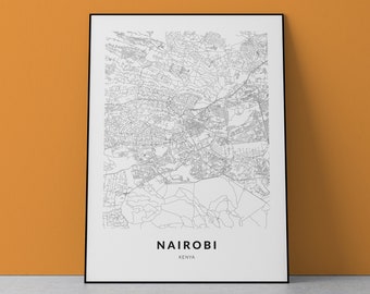 Konsttryck av karta över Nairobi: Kenyas stadsbild (digital nedladdning)