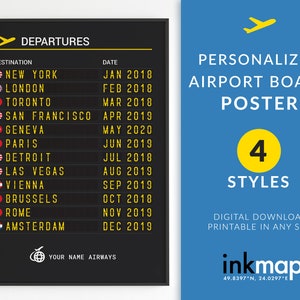 Tableau des départs d'aéroport, affiche numérique, tableau d'aéroport personnalisé, tableau d'aéroport personnalisé, affiche de voyage, impression d'affiche d'inspiration