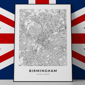 Mapa da cidade de Birmingham, Reino Unido, pôster de Birmingham, impressão de Birmingham, Reino Unido, mapa minimalista de Birmingham, impressão de Birmingham, Birmingham