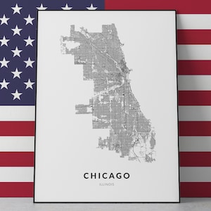Mapa de Chicago, Impresión de Chicago, Póster de Chicago, Chicago, Illinois, Mapa de EE. UU., Impresión de mapa de la ciudad, Decoración de pared, Decoración de interiores, Arte mural de Chicago, Regalo