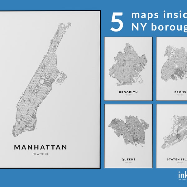 Manhattan map, Brooklyn map, Bronx map, Queens map, Staten Island map, New York 5 Boroughs map poster, New York Wall art, NY Decor, Map Art