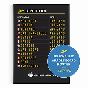 May include: A black framed airport departure board poster featuring yellow text and national flags. The list includes New York, London, Toronto, San Francisco, Geneva, Paris, Detroit, Las Vegas, Vienna, Brussels, Rome, and Amsterdam with dates.