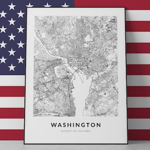 Impression de carte de Washington DC, affiche d'art de carte du district de Columbia, Etats-Unis, cadeau de Washington DC, impression de carte de rue, décoration murale, affiche de carte imprimable