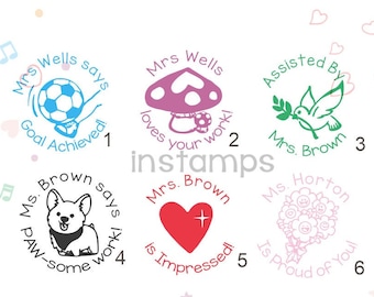 Personalized Name Stamps,Custom Teacher Stamp,Custom Teacher Gift Stamp,Teacher Comment Stamps,Kids Stamps,Soccor,Dog,Mushroom