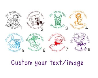 May include: A collection of eight circular rubber stamps featuring various cartoon characters and personalised text. Each stamp includes a teacher's name and a specific phrase like genius work, needs more work, or amazing work. Custom your text/image.