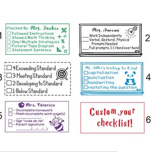 May include: Six rectangular rubber stamp designs featuring checklists and educational themes. Designs include math, writing, and homework trackers with checkboxes, icons like a lightbulb, target, panda, and bee, and customizable text areas.