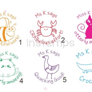 Könnte beinhalten: Sechs bunte Lehrer-Stempel mit verschiedenen Tierillustrationen und ermutigenden Sprüchen. Die Stempel zeigen eine Biene, einen Krebs, eine Katze, eine Katze, eine Gans und einen Alligator. Die Sprüche lauten "Bee-utiful work!", "CRABulous effort!", "otterly amazing!", "otterly amazing!", "Quacking Good!" und "Croc on!"