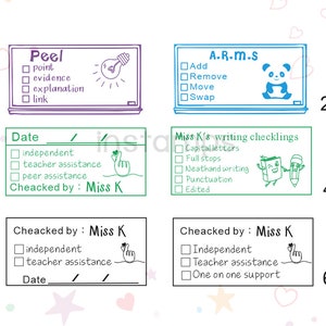 May include: A set of six green and blue checklist stamps with different categories for teachers to use. The stamps include "Peel", "A.R.M.S", "Miss K's writing checklings", "Date", "Cheacked by: Miss K", and "Cheacked by: Miss K".