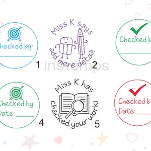 May include: A collection of six circular stamps with various designs and text. The stamps include images of a target, a pencil and eraser, and checkmarks. Text includes "Checked by:" and "Miss K says add more detail!"