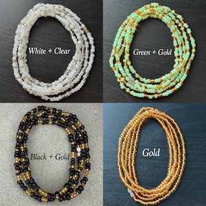 Pu&ograve; includere: Quattro catenelle da vita circolari in perline. In alto a sinistra: perline bianche e trasparenti con l'etichetta White + Clear. In alto a destra: perline verde chiaro e dorate con l'etichetta Green + Gold. In basso a sinistra: perline nere e dorate con l'etichetta Black + Gold. In basso a destra: perline dorate con l'etichetta Gold.