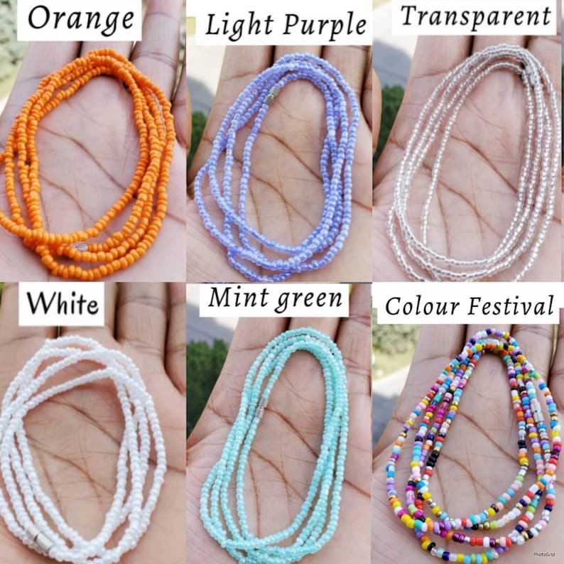 Pu&ograve; includere: Una collezione di sei collane di perline in arancione, viola chiaro, trasparente, bianco, verde menta e un motivo festival multicolore. Ogni collana &egrave; composta da piccole perline uniformi disposte in un cerchio con una chiusura metallica.