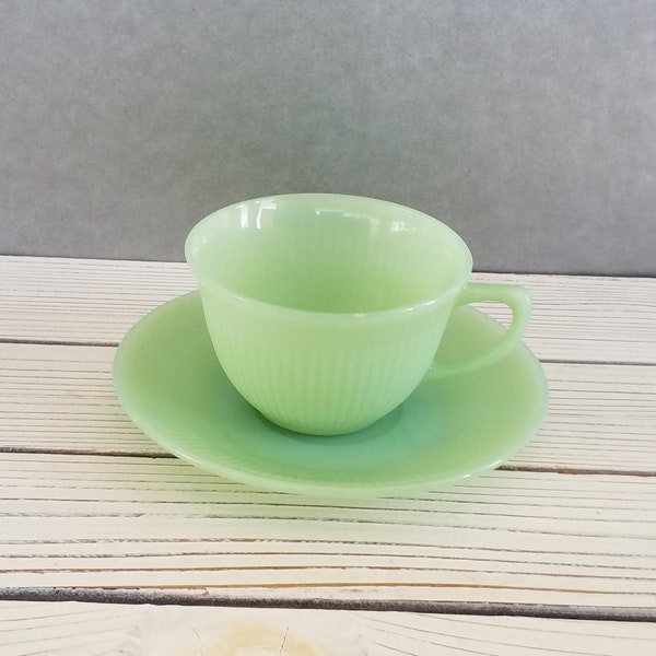 Jadeite Cup And Saucer Jane Ray Green Glass Ribbed Vintage