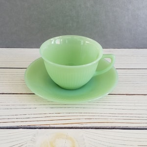 Jadeite Cup And Saucer Jane Ray Fire King Green Glass Ribbed Vintage 1950s
