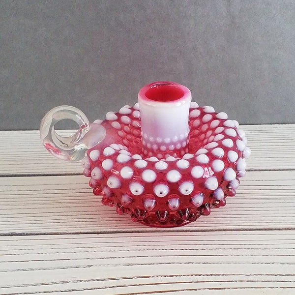 Fenton Cranberry Hobnail Glass Candleholder Vintage