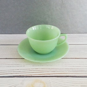 Jadeite Cup And Saucer Jane Ray Green Glass Ribbed Vintage