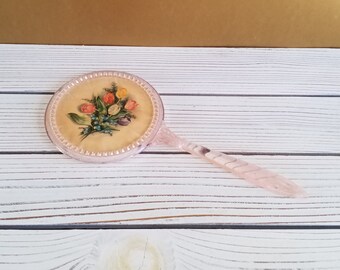 Vintage Hand Mirror Pink Floral Lucite