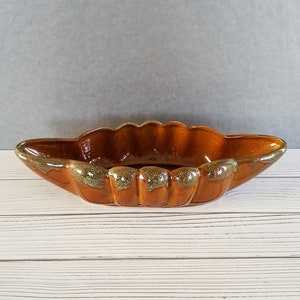 Van Briggle Pottery Glossy Bowl Brown Moss Green Boat Oval Shaped Ribbed Vintage