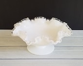 White Milk Glass Silvercrest Bowl Fenton Ruffled Rose Pedistal